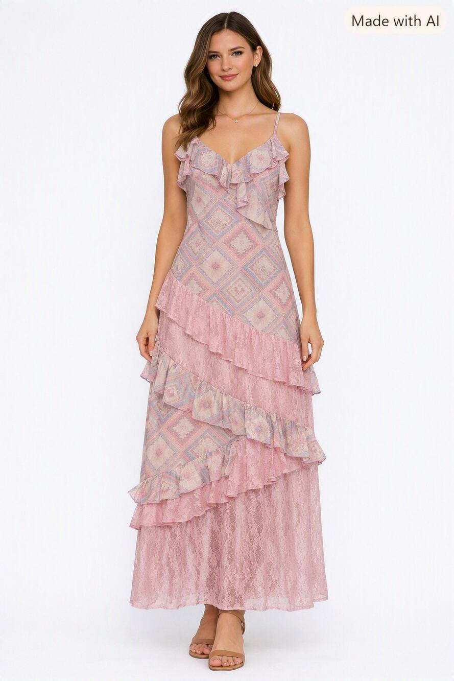 RARERAW Pink Coquette Print and Lace Slim Fit Maxi Dress - Medium